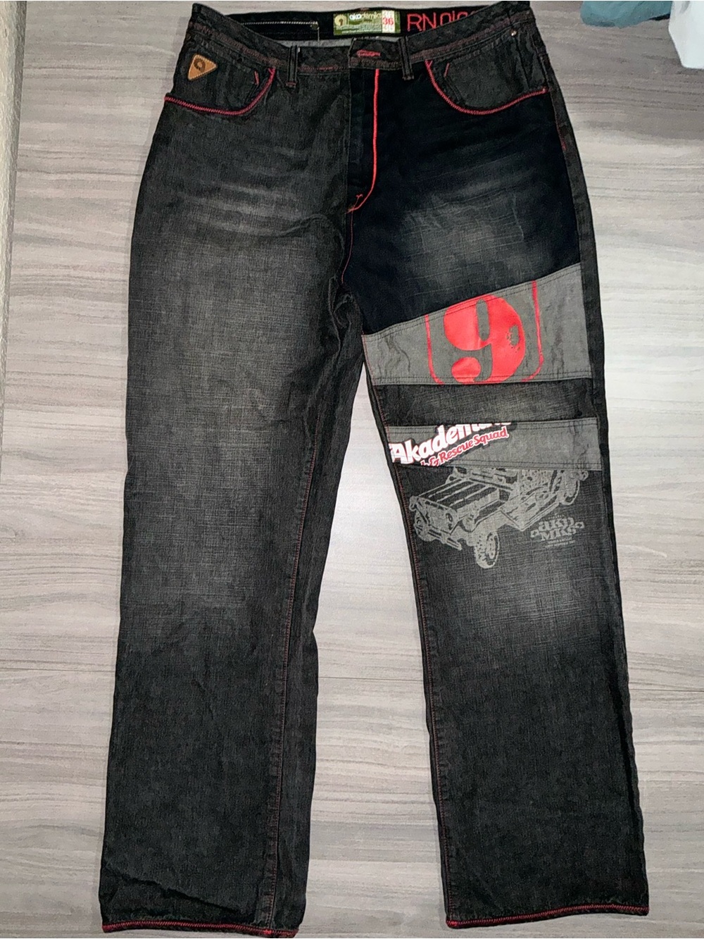 Vintage Akademiks Y2K Black Denim Graphic Rescue Squad Baggy Jeans (36x32)